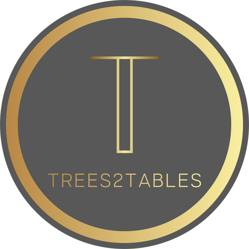 Trees2Tables logo: gold ring and T on dark grey